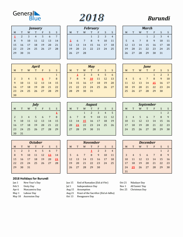 Burundi Calendar 2018 with Monday Start