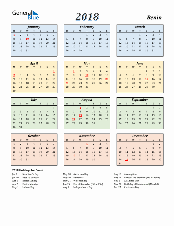Benin Calendar 2018 with Monday Start