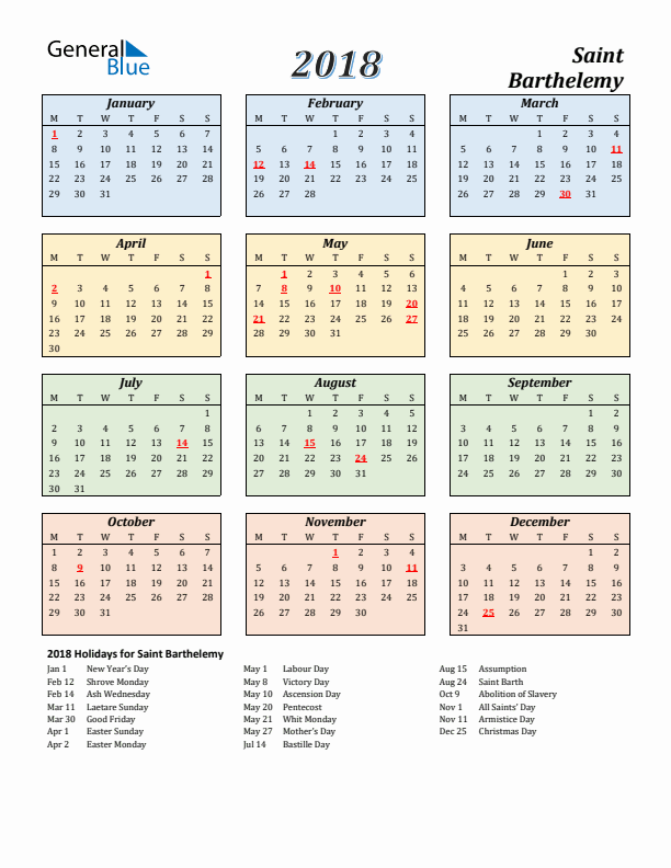 Saint Barthelemy Calendar 2018 with Monday Start