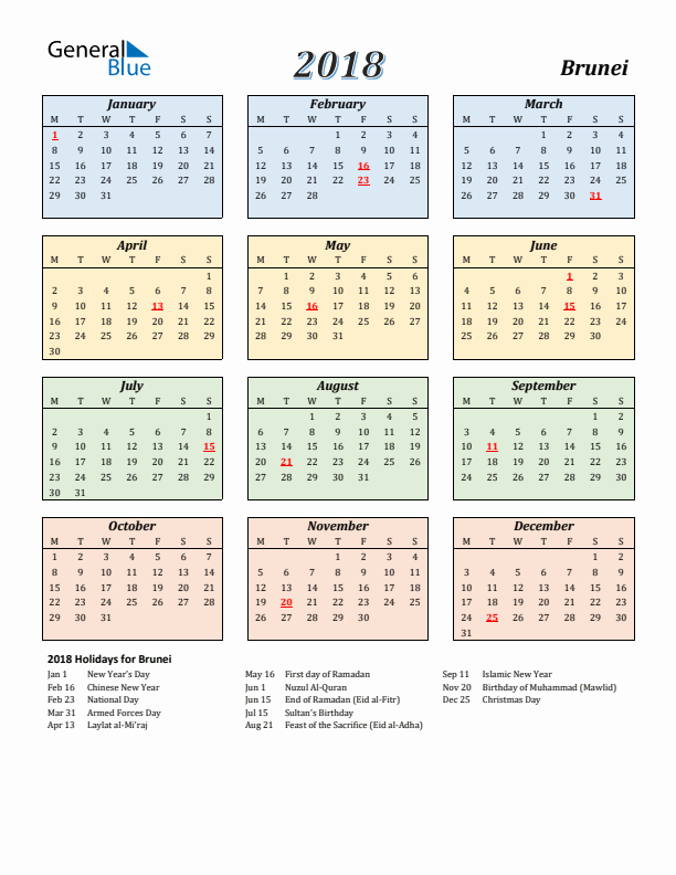 Brunei Calendar 2018 with Monday Start