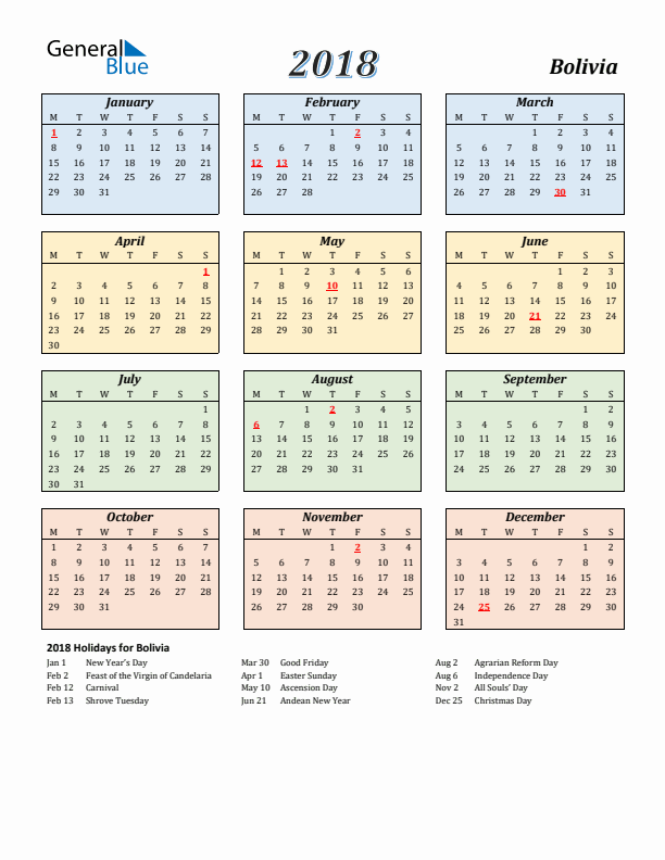 Bolivia Calendar 2018 with Monday Start