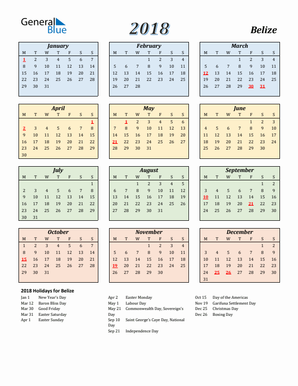 Belize Calendar 2018 with Monday Start
