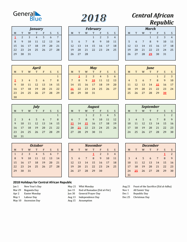 Central African Republic Calendar 2018 with Monday Start