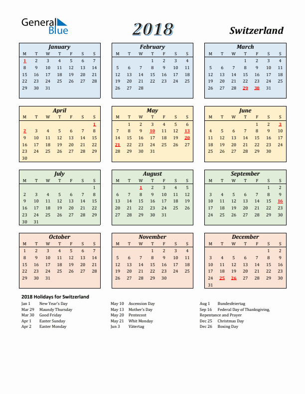 2018 Holiday Calendar for Switzerland Monday Start