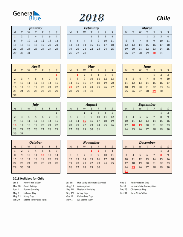 Chile Calendar 2018 with Monday Start