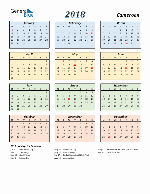 Cameroon Calendar 2018 with Monday Start