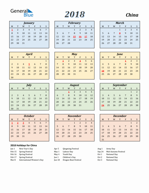 China Calendar 2018 with Monday Start