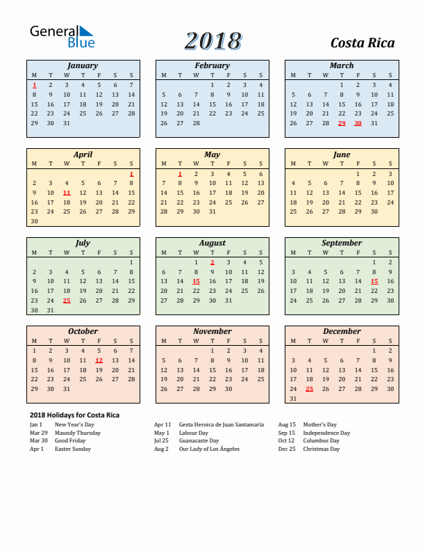 Costa Rica Calendar 2018 with Monday Start