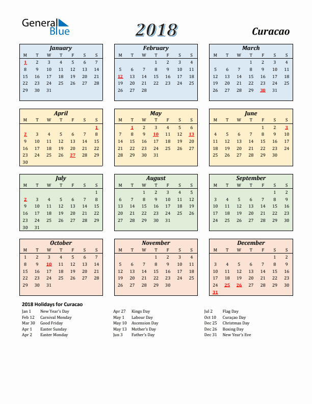 Curacao Calendar 2018 with Monday Start