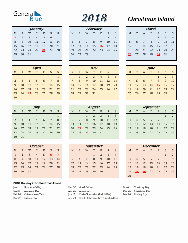 Christmas Island Calendar 2018 with Monday Start