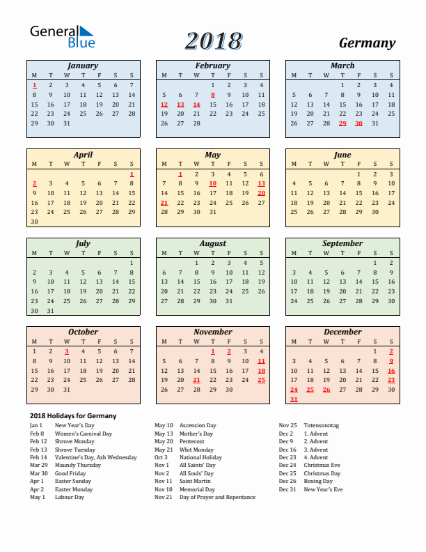 Germany Calendar 2018 with Monday Start