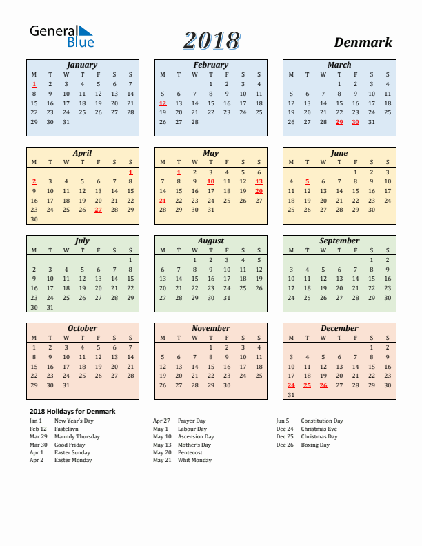 Denmark Calendar 2018 with Monday Start