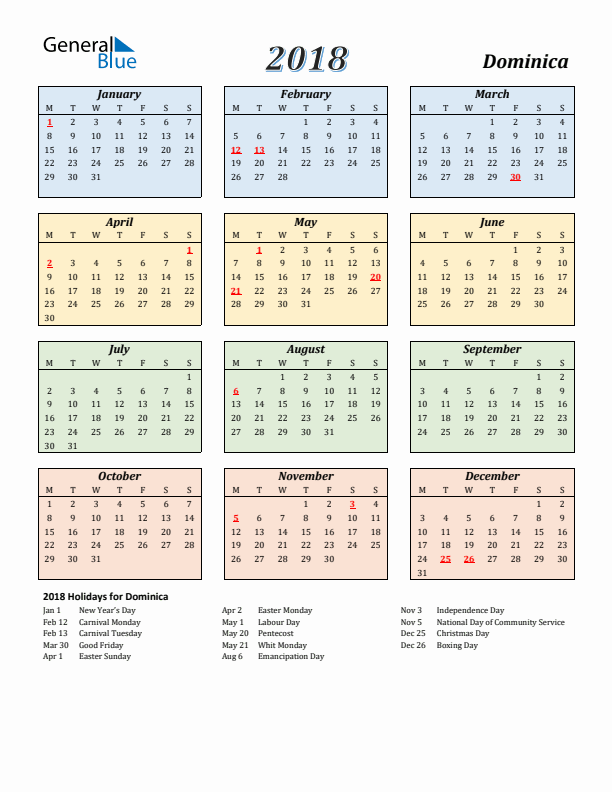 Dominica Calendar 2018 with Monday Start