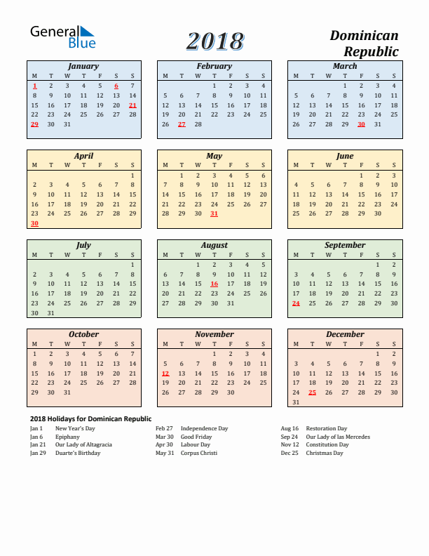 Dominican Republic Calendar 2018 with Monday Start