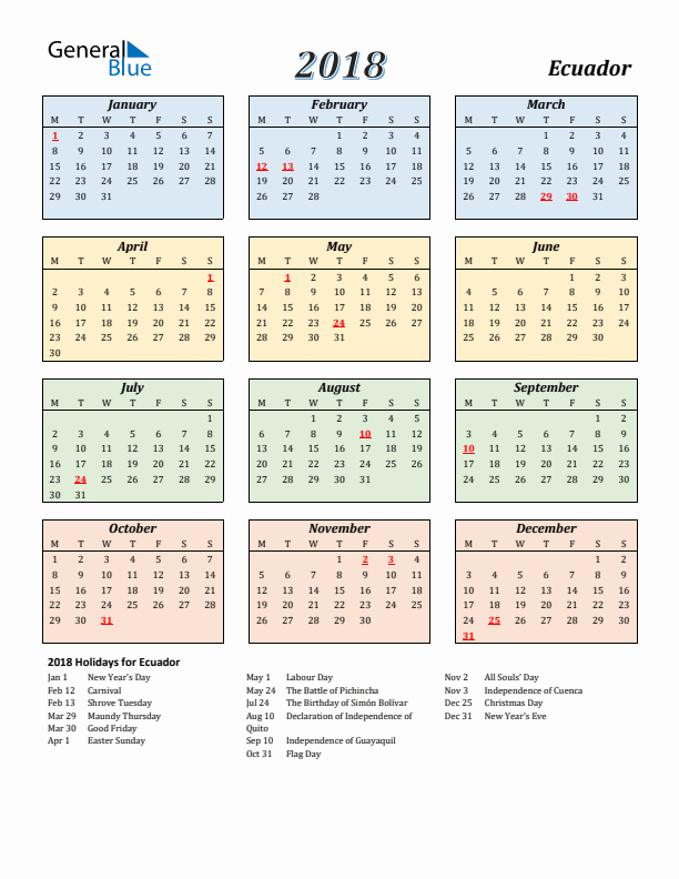 Ecuador Calendar 2018 with Monday Start