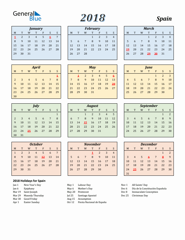 Spain Calendar 2018 with Monday Start
