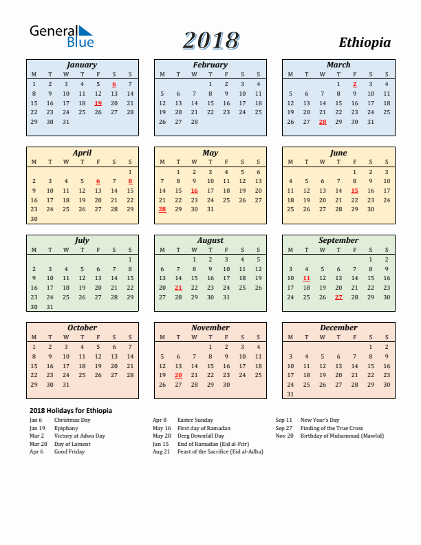 Ethiopia Calendar 2018 with Monday Start