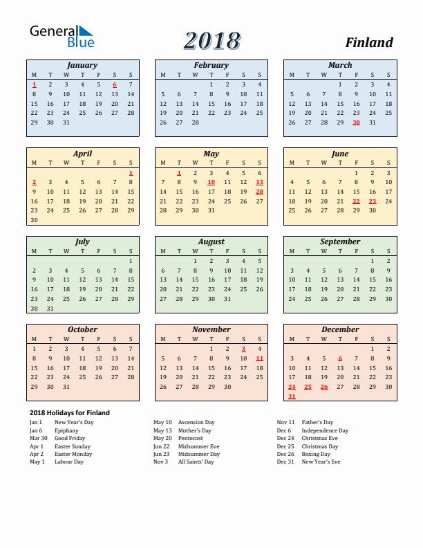Finland Calendar 2018 with Monday Start