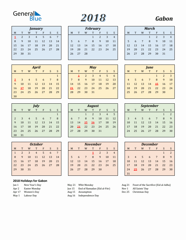 Gabon Calendar 2018 with Monday Start