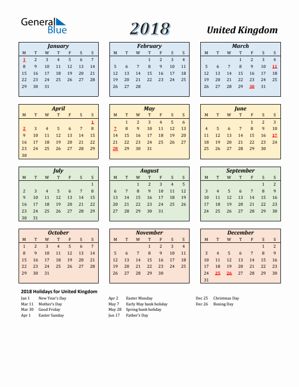 United Kingdom Calendar 2018 with Monday Start