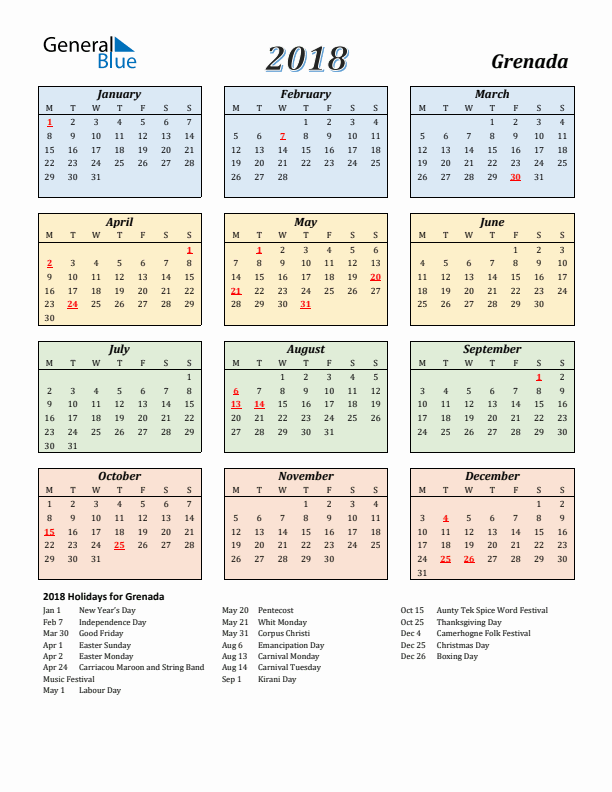 Grenada Calendar 2018 with Monday Start