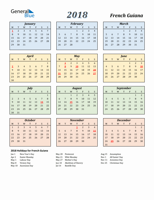 French Guiana Calendar 2018 with Monday Start