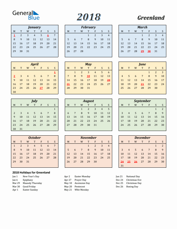 Greenland Calendar 2018 with Monday Start
