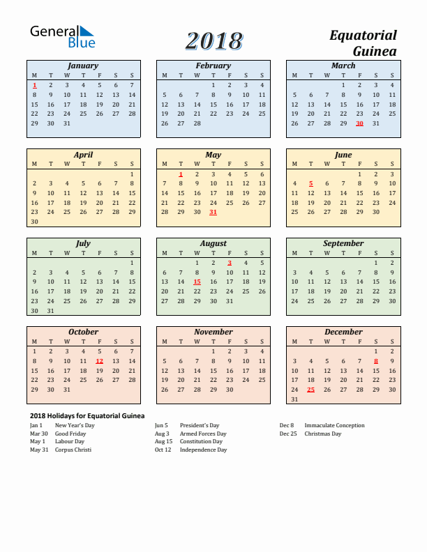 Equatorial Guinea Calendar 2018 with Monday Start