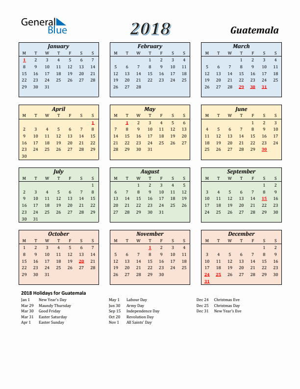 Guatemala Calendar 2018 with Monday Start