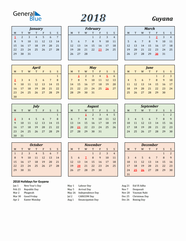 Guyana Calendar 2018 with Monday Start