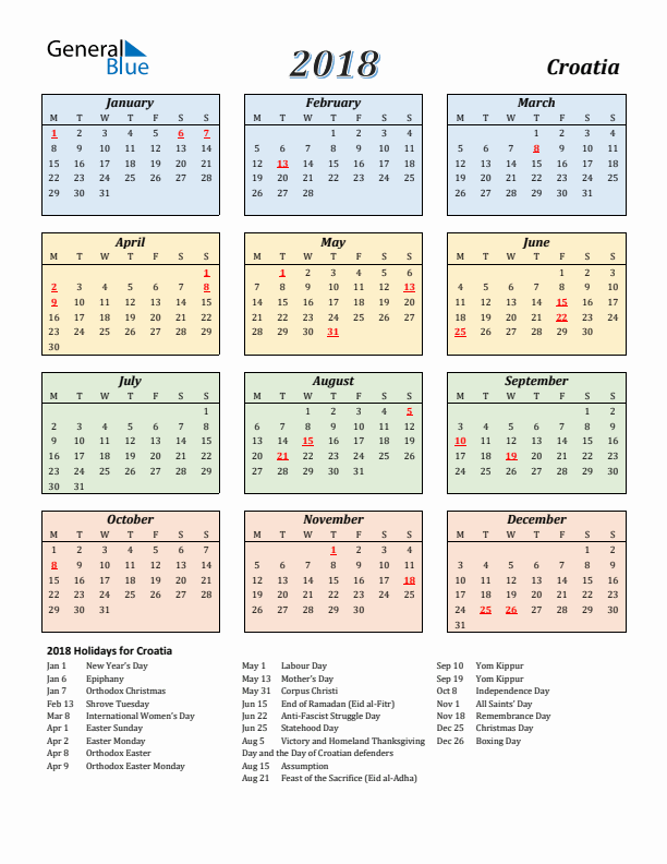 Croatia Calendar 2018 with Monday Start