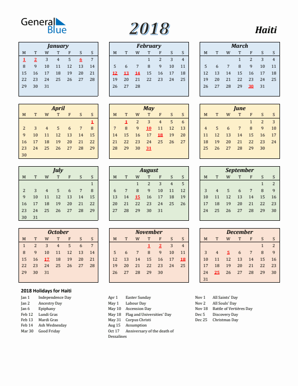 Haiti Calendar 2018 with Monday Start