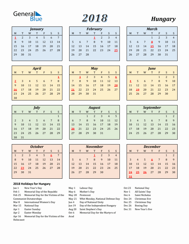 Hungary Calendar 2018 with Monday Start