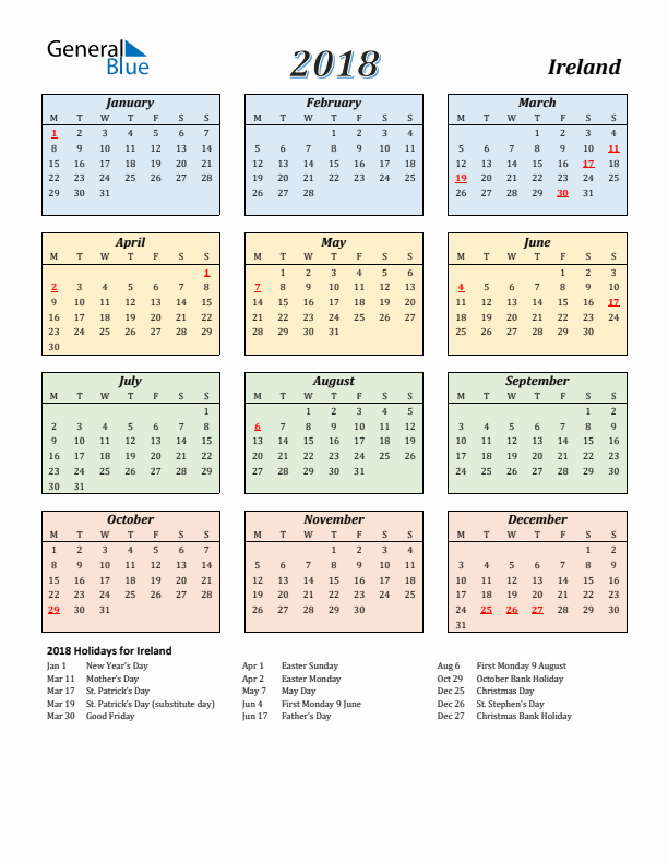 Ireland Calendar 2018 with Monday Start