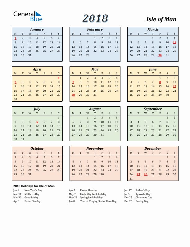 Isle of Man Calendar 2018 with Monday Start