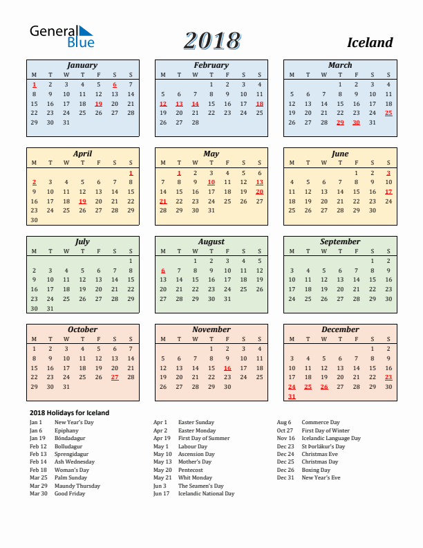 Iceland Calendar 2018 with Monday Start