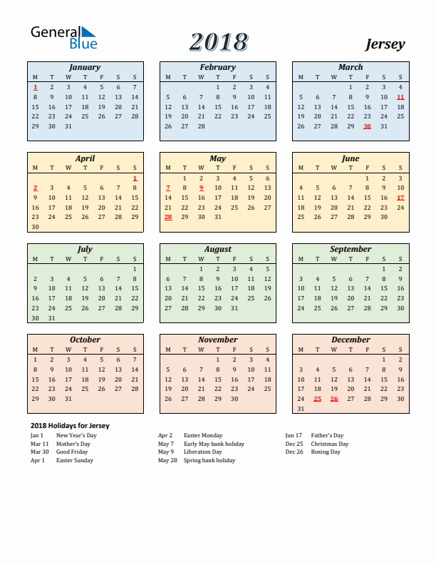 Jersey Calendar 2018 with Monday Start