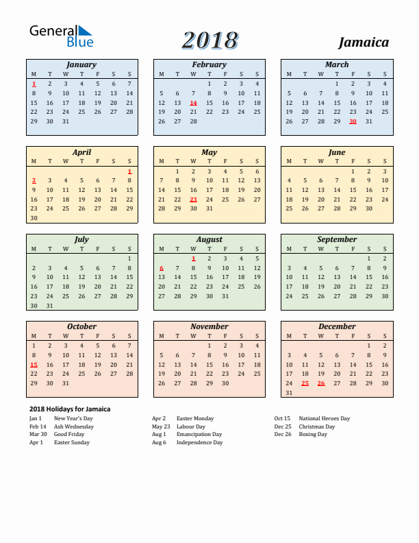 Jamaica Calendar 2018 with Monday Start
