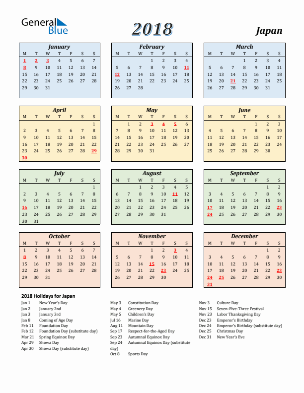 Japan Calendar 2018 with Monday Start