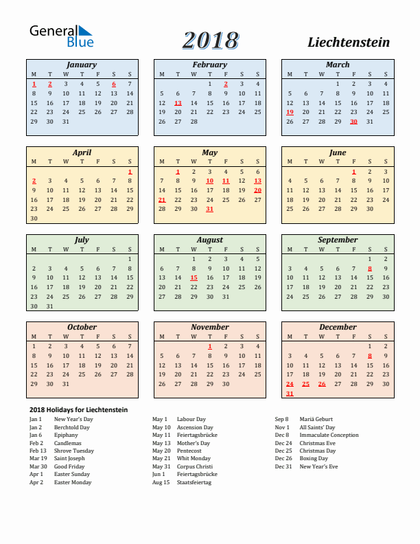Liechtenstein Calendar 2018 with Monday Start