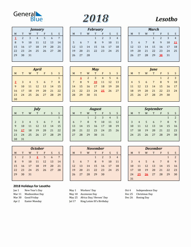 Lesotho Calendar 2018 with Monday Start
