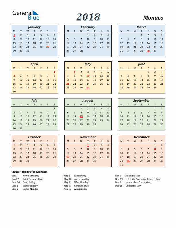 Monaco Calendar 2018 with Monday Start