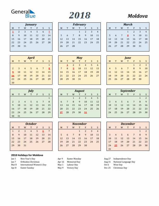 Moldova Calendar 2018 with Monday Start