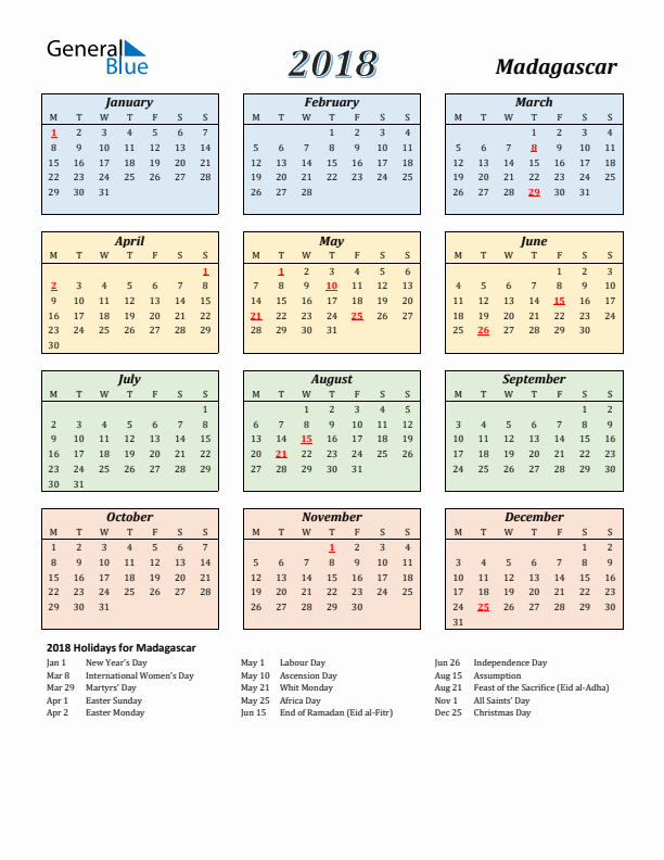 Madagascar Calendar 2018 with Monday Start