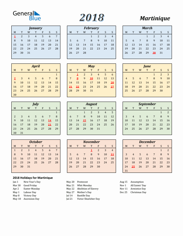 Martinique Calendar 2018 with Monday Start