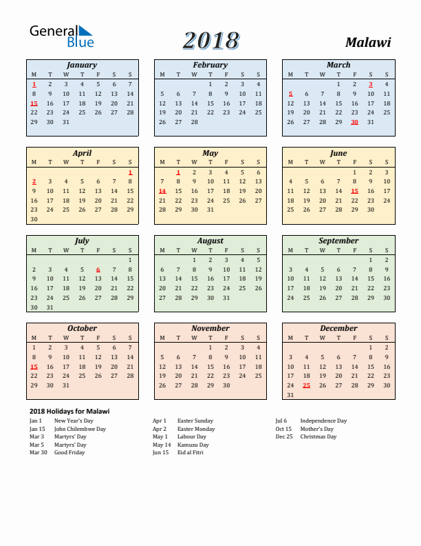Malawi Calendar 2018 with Monday Start