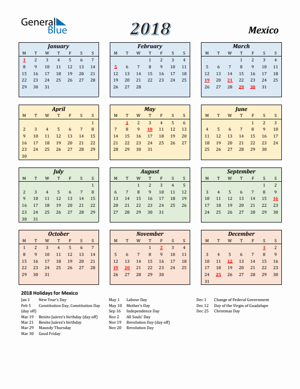 Mexico Calendar 2018 with Monday Start