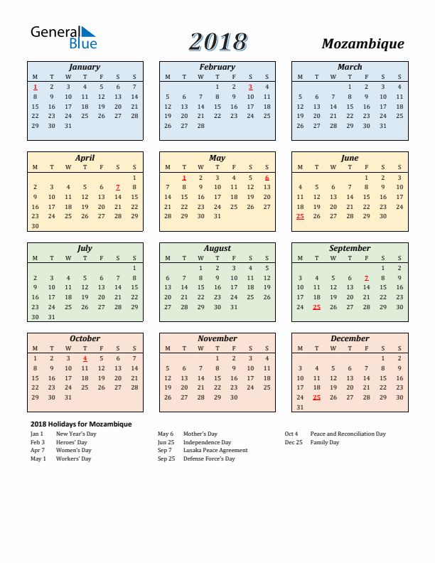 Mozambique Calendar 2018 with Monday Start