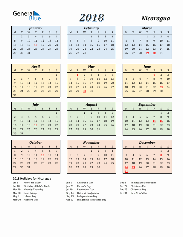 Nicaragua Calendar 2018 with Monday Start