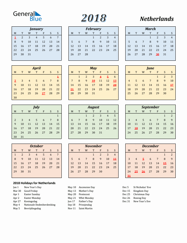 The Netherlands Calendar 2018 with Monday Start